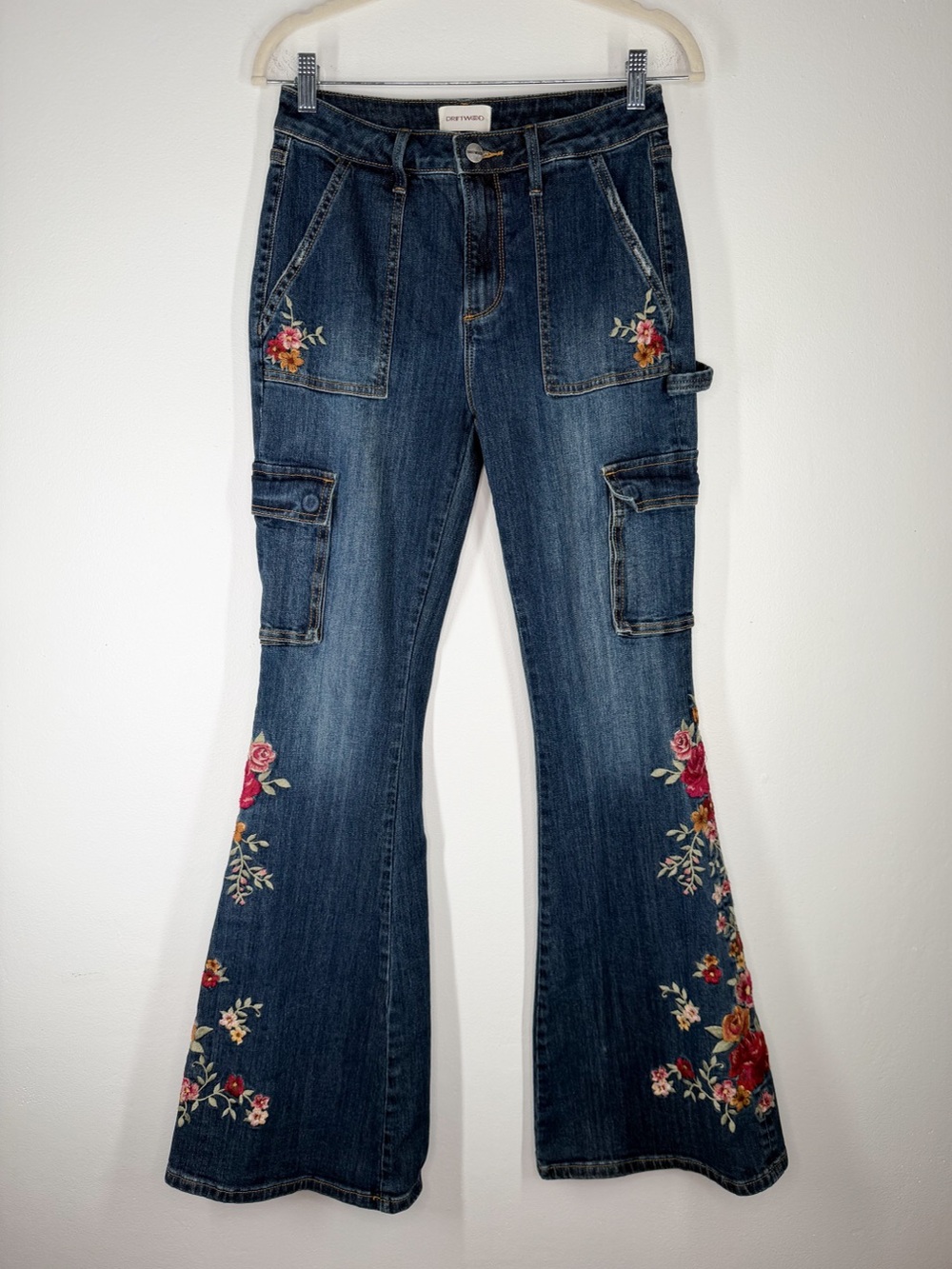 DRIFTWOOD Dark Blue Floral Embroidered Flare Jeans